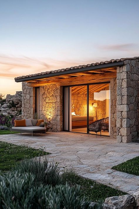 Modern Sardinian stone cottage. Check out all of these charming Italian houses that will inspire your next home project with rustic elegance and Mediterranean flair. Modern Italian Villa, Modern Cottage Homes, Italian Style Home, Rustic Exterior, Farmhouse Remodel, House Arch Design, Italian Home, Bungalow Style, Stone Walls