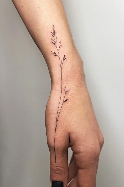 Fineline Leaf Tattoo, Fine Line Back Of Arm Tattoo, Fine Line Vine Arm Tattoo, Tenderness Tattoo, Line Tattoo Placement, Plant Hand Tattoo, Fine Line Leaf Tattoo, Side Of Forearm Tattoo Women, Maui Tattoos