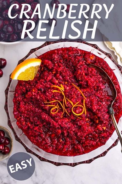 This easy cranberry relish is sweet and tart, crunchy, and fresh. The perfect side dish for Thanksgiving, and/or Christmas. #Thanksgivingrecipe #cranberryrecipe #Thanksgivingsidedish #Christmasrecipe #Holidayrecipe #glutenfreerecipe #veganrecipe #robustrecipes Cranberry Orange Relish Recipes, Cranberry Orange Relish, Cranberry Compote, Tastes Better From Scratch, Cranberry Relish, Cranberry Salad, Relish Recipes, Frozen Cranberries, Holiday Side Dishes