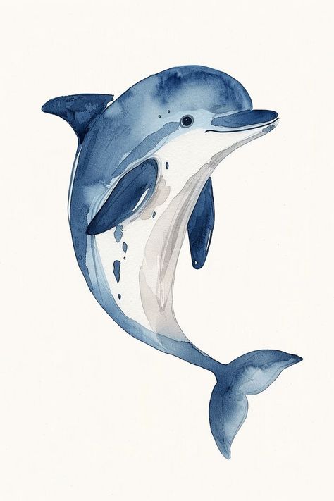 Watercolour Ocean Animals, Ocean Animals Drawing Realistic, Simple Water Coloring Ideas, Watercolour Dolphin, Watercolour For Kids, Watercolor Animals Easy, Watercolour Simple, Watercolour Waves, Paint Minimalist