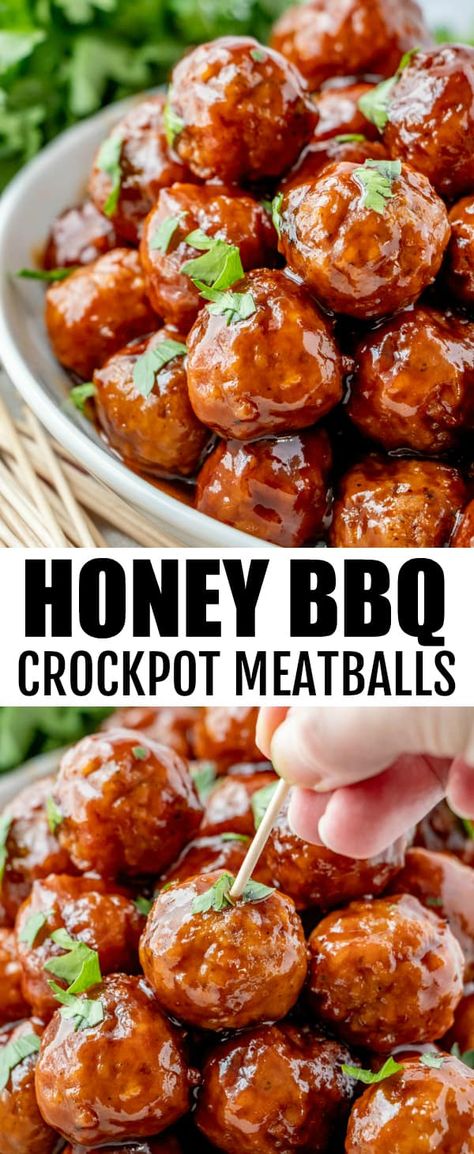 Quick and easy to whip up these Honey BBQ Crockpot Meatballs are minimal ingredients and one of the best party appetizers that feed a crowd. #meatballs #slowcooker #crockpot #easyrecipe #honeybbq #appetizer #partyfood via @amiller1119 Honey Meatballs, Bbq Crockpot Meatballs, Bbq Crockpot, Bbq Meatballs Crockpot, Nye Food, Crockpot Meatballs, Best Party Appetizers, Bbq Meatballs, Bowl Party Food