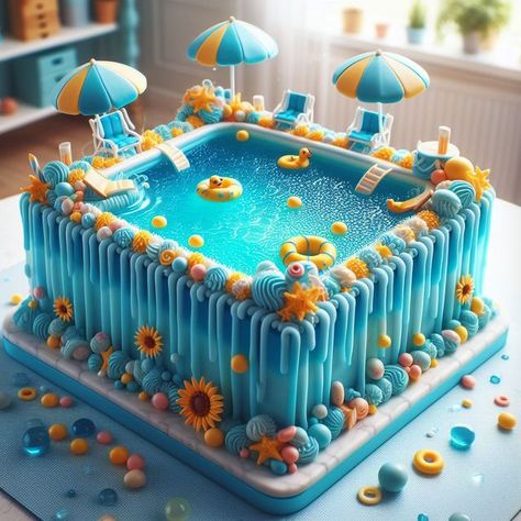 Swim Theme Cake, Water Park Cake, Pool Theme Birthday Cake, End Of Summer Cake Ideas, Water Party Cake, Waterpark Cake, Swimming Cake Ideas, Pool Cake For Kids, Pool Party Cake Ideas Boys