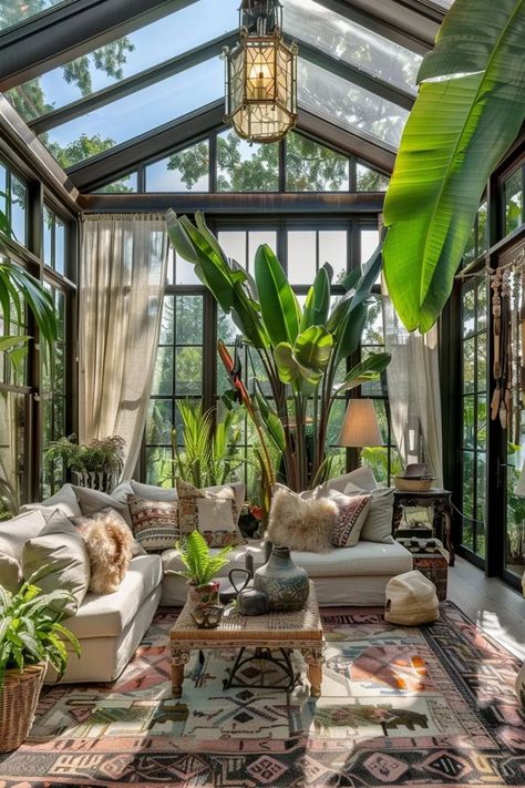 Funky Conservatory Ideas, Cabin Plants Decor, Conservatory With Plants, Sunroom Off Master Suite, Screened In Porch Plant Ideas, Sunroom Decorating Ideas Vintage, Sunroom Victorian, Boho Craft Room Ideas, Sunroom Decorating Ideas Bohemian