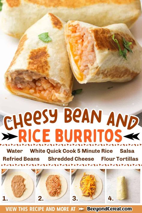 Cheesy Beans And Rice Burrito, Meals To Make With Beans, Rice And Beans Burrito Recipe, Burritos For Freezing, Vegan Bean And Cheese Burrito, Dinner Ideas With Refried Beans, Beef N Bean Burritos, Cheesy Bean And Rice Burrito Taco Bell Copycat, Chicken Bean Rice Burrito