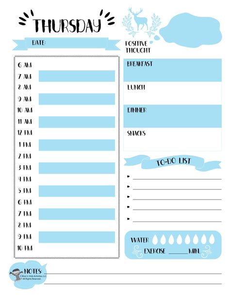 Thursday Blue Printable Planner Page | Woo! Jr. Kids Activities Daily Planners Ideas, Purple Planner, Pink Daily Planner, Daily Planner Printables Free, Weekly Planner Free Printable, Free Printables Organization, Study Planner Printable, Weekly Planner Free, Password Keeper