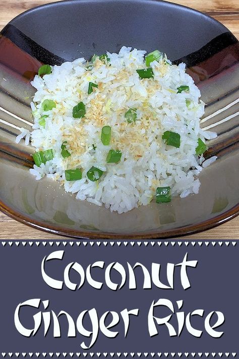 Creamy, delectable coconut ginger rice is a great side dish for all types of Asian Food & compliments any steak, pork, lamb or chicken dish. A vegetarian option is to turn this into a light meal for 3 people by adding 3 cups of roasted, steamed or grilled vegetables. --------- #CoconutGingerRice #JasmineRice #RiceRecipes #Rice #AsianFood #AsianRecipes #VegetarianRecipes #VeganRecipes #HealthyRecipes #SideDishes #MeatlessMondays #Food #Cooking #Recipes #Recipe #FoodieHomeChef Coconut Ginger Rice, Ginger Rice Recipe, Ginger Rice, Rice Side Dish Recipes, Delicious Rice, Thai Foods, Coconut Ginger, Savory Meals, Meatless Monday Recipes