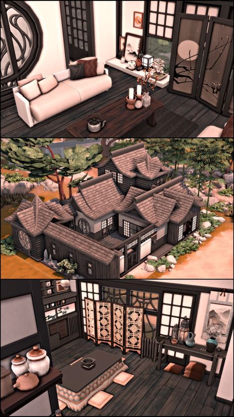 Asian Inspired Family Home.☁️ The Sims 4 Houses Ideas Japanese, Bloxburg Asian House, Japanese Home Sims 4, Sims4 Japanese House, Sims 4 Japanese House Cc, Sims 4 Asian House, Sims Japanese House, Sims 4 Japanese Apartment, Japanese Family Home