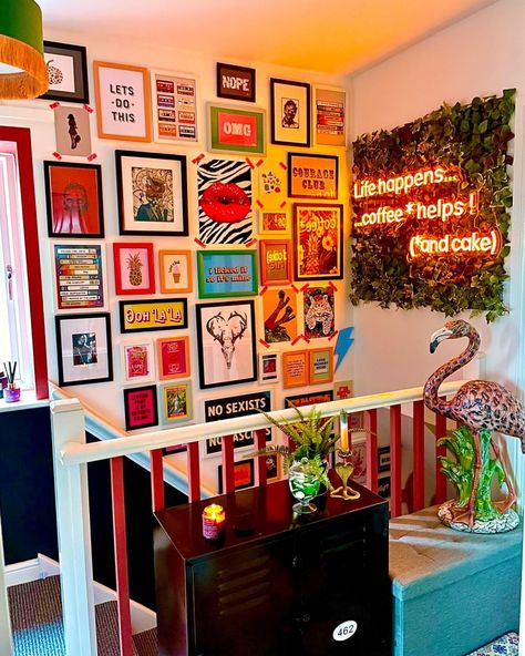 Maximalist Tv Console, Maximalist Painted Wall, Eclectic Neon Decor, Maximalist Bright Decor, Maximalist Feature Wall, Maximalist Decor With White Walls, Eclectic Decor Gallery Wall, Living Room Wall Decor Ideas Maximalist, Maximalist With White Walls