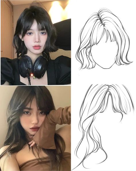 Wavy Hair With Bangs Drawing Reference, Hair Refrences Drawings Anime, Bangs Hairstyle Drawing, Drawing Bangs Hairstyles, Drawing Bangs Tutorial, How To Draw Bangs Hairstyles, Manwha Hairstyles, Bangs Drawing Tutorial, Webtoon Art Style Tutorial