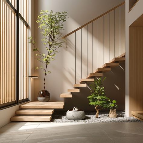 Minimalistic simple staircase design Narrow Stairs Design, Stairs Near Front Door Entryway, Japandi Staircase Design, Hall With Stairs Ideas, Stairs Japandi, Scandi Stairs, Japandi Staircase, Japandi Stairs, Minimalistic Staircase