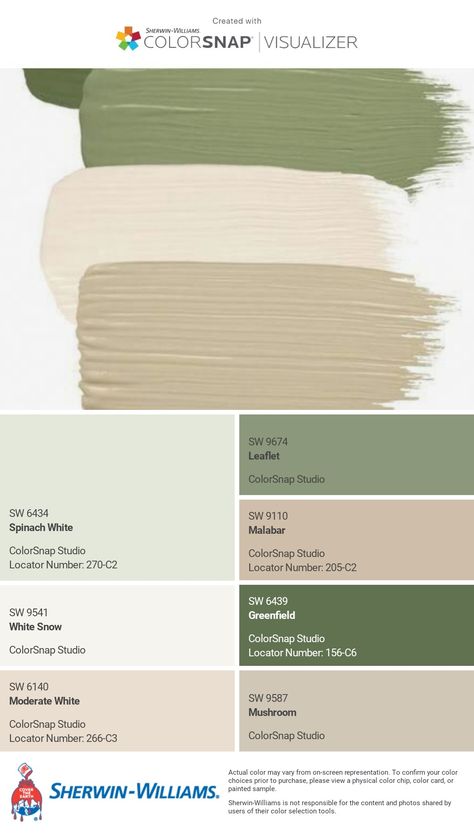 Paint Color Schemes With Sage Green, Green Room Colour Palettes, Colour Palette For Home Decor, Soft Green Painted Furniture, Sherwin Williams Broccoflower, Sage Green Room Color Palette, Safe Green Palette, Sage House Color Palette, Home Office Inspiration Color Palettes