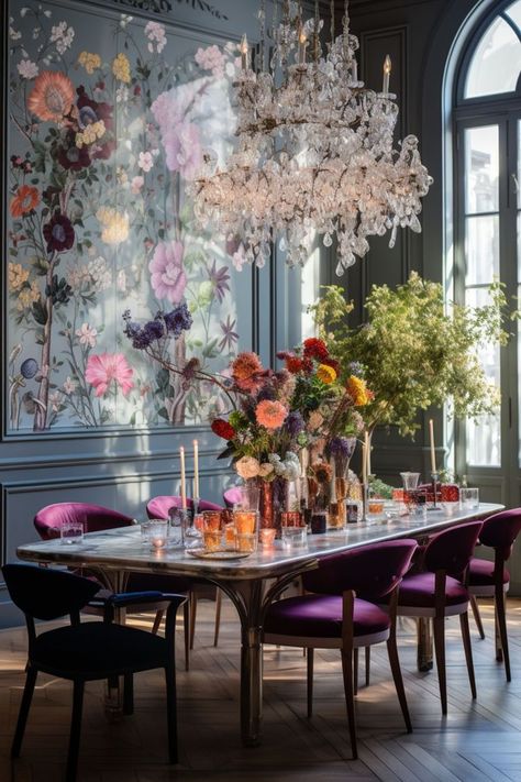 Colourful Dining Room with Large Chandelier and Velvet chairs Modern Dining Table Luxury, Marble Dining Table Decor, Funky Dining Room, Funky Interior Design, Velvet Dining Room Chairs, Large Floral Wallpaper, Jade Design, Floral Chair, Dining Room Wallpaper