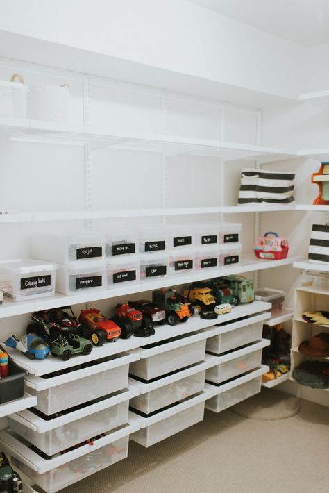 Our Playroom Closet With Container Store - Truly Destiny Walk In Toy Closet, Toy Closet Shelving Ideas, Elfa Playroom, Playroom Closet Ideas, Playroom Closet Organization, Toy Storage Closet, Small Toddler Bedroom, Closet Playroom, Toy Closet Organization