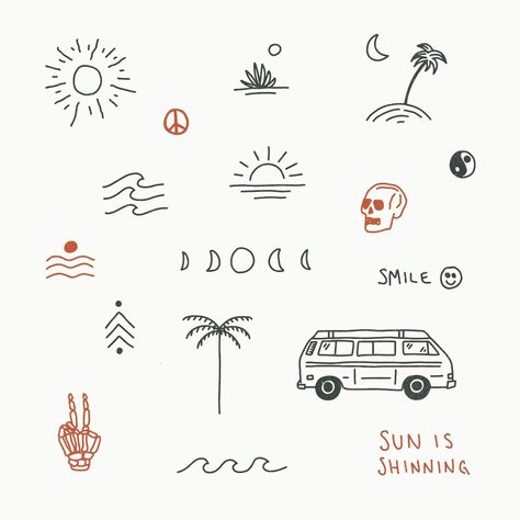 Illustration | Kinsey H Designs Surf Tattoo, Buch Design, Handpoke Tattoo, Muster Tattoos, Small Pretty Tattoos, Beach Tattoo, Small Hand Tattoos, Line Art Tattoos, Subtle Tattoos