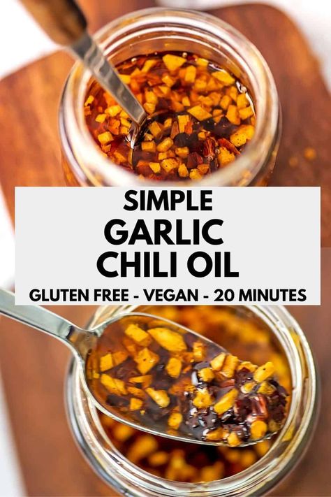 Homemade garlic chili oil is so easy to make and adds flavor to any dish. This recipe is simple and ready in about 20 minutes. Great for meal prep, it lasts up to 3 months in fridge. Naturally vegan, gluten free, dairy free, Whole30 and low carb. Great on noodles, avocado toast, veggies and so much more. Crunchy Garlic Chili Oil, Asian Condiments, Garlic Oil Recipe, Chinese Chili Oil, Garlic Chili Oil, Crunchy Garlic, Hot Chili Oil, Chili Oil Recipe, Olive Oil Recipes