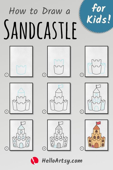 9 drawings demonstrating how to draw a how to draw a sandcastle for kids. Sand Castle Ideas Easy, Sandcastle Drawing, Castle Drawing Easy, Nautical Drawing, Embroidered Photo Art, Sea Creatures Drawing, Doodle Art For Beginners, Castle Drawing, Beach Drawing