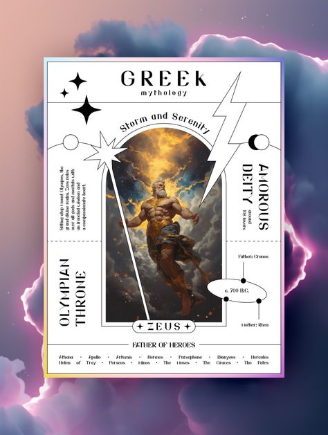 Get ready to embark on an epic journey through the realms of Greek Mythology with our stunning poster card featuring Zeus, the mighty ruler of the gods. This eye-catching visual masterpiece is your key to unlocking the secrets of the divine world. Greek God Graphic Design, Greek Mythology Graphic Design, Greek Poster Design, Greek Mythology Posters, Greek Mythology Poster, Geometric Graphic Design, Epic Journey, Computer Graphics, Design Typography