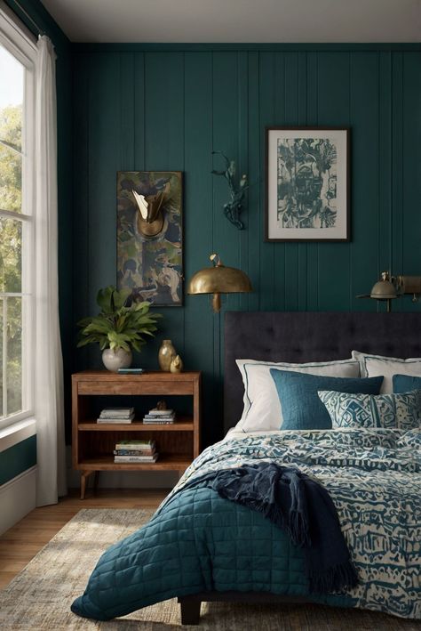 Discover the secrets to effortlessly blending mixed patterns in your bedroom for a harmonious and stylish look. Master pattern mixing now! #ad     #Colortrend #wallpaint2024  #color2024  #DIYpainting  ##DIYhomedecor  #Fixhome Navy And Emerald Bedroom, Green Teal Bedroom, Sherwin Williams Deep Sea Dive, Fall Decor Green, Coastal Loft, Dark Green Home, Dark Teal Bedroom, Industrial Coastal, Blue Green Bedrooms