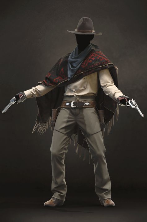 Gunslinger Reference Poses, Old Western Gunslinger, Bounty Hunter Outfit Design, Masc Cowboy Outfit, Wild West Clothing Men, Wild West Fashion Men, Knight Fashion Men, Cowboy Outfit Drawing Reference, Poses For Your Oc