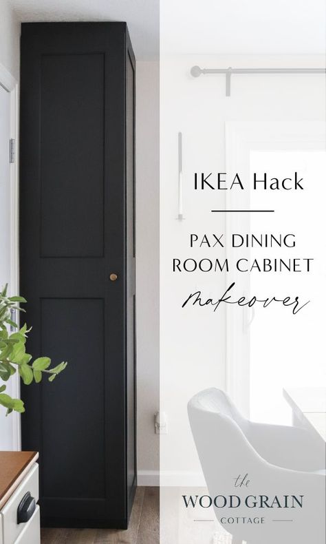 Ikea High Cabinet Kitchen, Ikea Refrigerator Cabinet Hack, Ikea Tall Storage Cabinet, Corner Cabinet Dining Room Decor, Dinning Room Corner Cabinet Ideas, Panty Cabinet Wall, Ikea Besta Pantry Hack, Ikea Pax In Dining Room, Pantry Cabinet In Dining Room