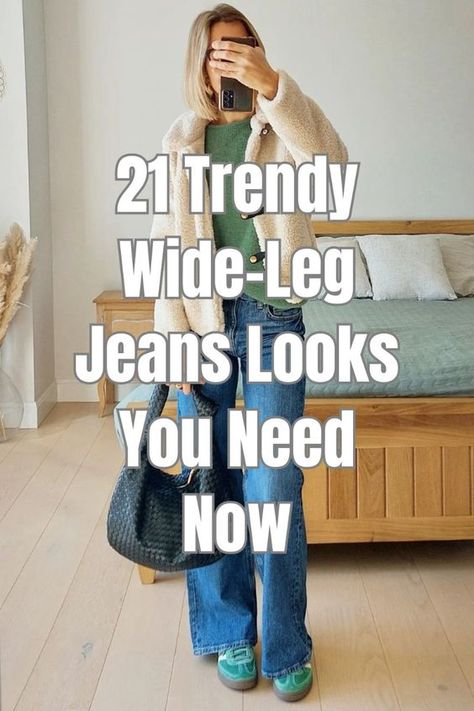 Are you looking for fresh ways to style your wide-leg jeans? Check out these 21 trendy wide-leg jeans looks that will revamp your wardrobe and turn heads. Wide Leg Jeans Smart Casual, Shoes To Wear Wide Leg Jeans, Wide Leg Pants Outfit Converse, Casual Jeans Fall Outfit, Slouchy Boyfriend Jeans Outfit, Polished Jeans Outfit, Cardigan And Wide Leg Jeans, Medium Wash Straight Leg Jeans Outfit, Wide Jeans Outfit Fall