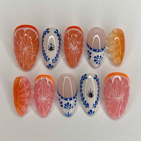 Red Gel Nail Designs Short, Nail Art Using Stickers, Spanish Inspired Nails, Pottery Nails, Nail Design Gold, Yesstyle Code, Nails Abstract, Acrylic Press On Nails, Summery Nails