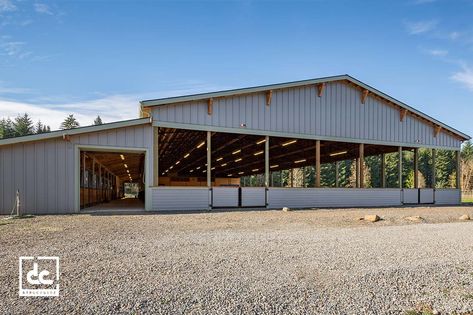 Horse Arena Kits - DC Structures Covered Riding Arena With Stalls, Indoor Horse Riding Arenas, Equestrian Arena Indoor, Indoor Riding Arenas, Stable With Indoor Arena, Indoor Riding Arena With Living Quarters, Covered Arena Ideas, Horse Barn With Indoor Arena, Outdoor Arena Horses