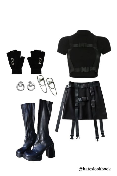 Tech Wear Skirt Outfit, Cyberpunk Outfit Skirt, Techwear Tank Top, Female Techwear Aesthetic, Tech Wear Outfits Women, Ateez Female Outfits, Techwear Accessories Diy, Cyberpunk Skirt Outfit, Techwear Female Outfits