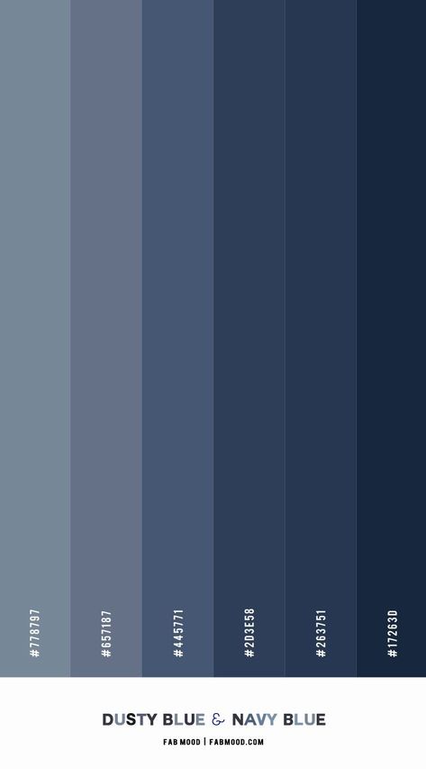 Navy Palette Colour Schemes, Dusty Blue Color Palette Shades, Dusty Blue Outfit Color Combos, Navy Blue Pallet, Blue Color Palette Colour Schemes, Dark Dusty Blue Wedding, Navy Blue Colour Combination, Navy Blue Color Combinations, Navy Blue Colour Palette