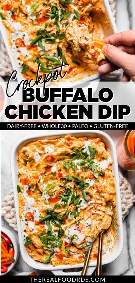 Healthy Buffalo Chicken Dip, Buffalo Chicken Dip Crock Pot, Dairy Free Appetizers, Crockpot Buffalo Chicken, Buffalo Chicken Dip Easy, Chicken Dip Recipe, Buffalo Chicken Dip Recipe, Healthy Buffalo Chicken, Chicken Dip