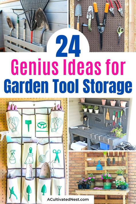 Garden Tool Storage Ideas, Gardening Storage, Tool Storage Ideas, Storing Garden Tools, Small Garden Tools, Garden Tool Rack, Landscaping Equipment, Garden Organization, Garden Tool Organization