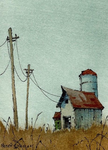 Farm Background Drawing, Watercolor Powerlines, Fall Scene Drawing, Rural Drawing, Rural Sketching, Rural Sketch, Line And Wash Watercolor Sketches, Shed Drawing, Nature Drawing Ideas