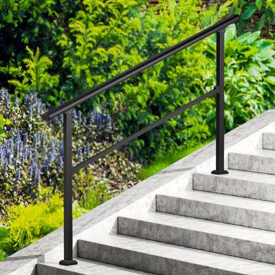 This powder-coated, DIY handrail is the perfect choice for anyone looking to install any railing for stairs (or steps). Made with metal and treated with powder coating to reduce the chance of chipping, scratches as well as rust. Can be installed on concrete, brick, and wood steps of patios, balconies, porches, gardens, residential buildings, commercial office buildings, hotels, garages, etc. Size: 4-5 Steps (36" H x 1.72" W x 68" D) | HomLux Lovmor Handrails For Outdoor Steps, Outdoor Stair Rail Porch Railings Metal, Modern Front Porch Railing, Metal Railings Outdoor, Iron Railing Exterior, Diy Handrail, Railing Exterior, Handrails For Concrete Steps, Railing Porch, Wrought Iron Railing Exterior