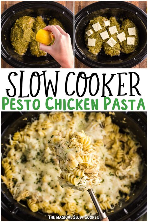 Slow Cooker Pesto Chicken, Crockpot Pesto Chicken, Pesto Mozzarella Chicken, Lemon Pesto Chicken, Magical Slow Cooker, Creamy Pesto Chicken Pasta, Slow Cooker Pasta Recipes, Pesto Mozzarella, Crockpot Pasta