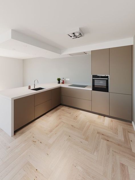 White Kitchen Countertops, Taupe Kitchen, Minimal Kitchen, White Countertops, Kitchen Room Design, Stone Countertops, Kitchen Cabinetry, Home Design Decor, Minimalist Kitchen