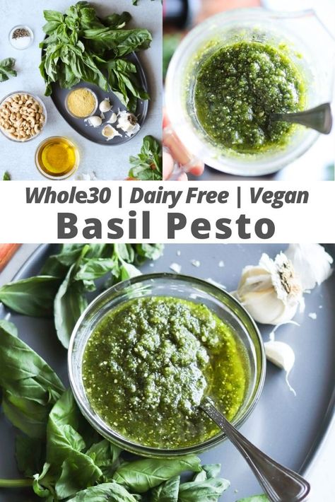 This easy Dairy Free pesto recipe is Whole30, Low Carb, and Vegan, and it will quickly become your favorite healthy condiment! This pesto recipe comes together in just a few minutes with wholesome, healthy ingredients like fresh basil, garlic, olive oil, and cashews and without pine nuts. The secret ingredient? Nutritional yeast! #cookathomemom #vegan #whole30recipes #pesto Garlic Free Pesto, Whole30 Pesto, Oil Free Pesto, Vegan Budget, Homemade Pesto Recipe, Whole30 Vegan, Vegan Low Carb, Dairy Free Pesto, Nutritional Yeast Recipes