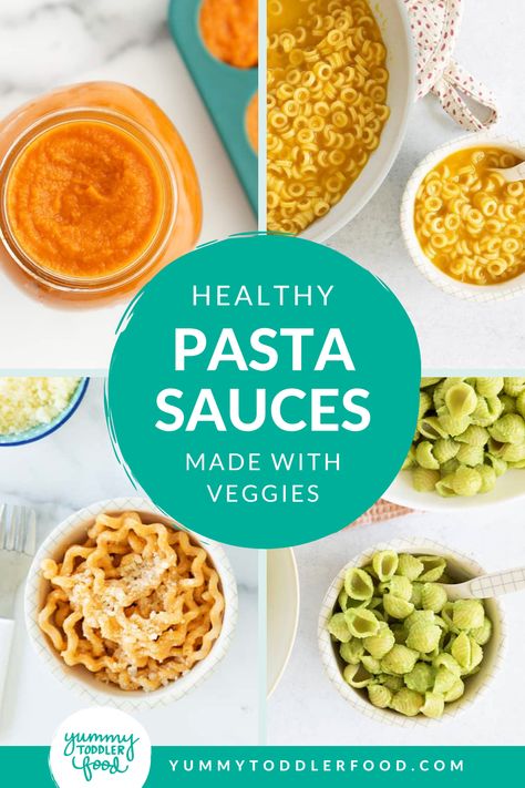 Pastas with Different Sauces. With Text Reading: The Best Vegetable Pasta Sauces to Make for Kids. Blw Bolognese, Healthy Veggie Pasta Sauce, Easy Veggie Pasta Sauce, Toddler Veggie Pasta Sauce, Pasta Sauce Veggies, Healthy Pasta Recipes For Kids, Veggie Sauce For Toddlers, Hidden Veggie Pasta Sauce Kids, Blw Pasta Sauce