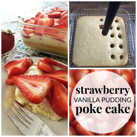 Strawberry Vanilla Pudding Poke Cake Vanilla Pudding Poke Cake, Poke Cake With Vanilla Pudding, Cake With Vanilla Pudding, Vanilla Pudding Desserts, Strawberry Poke Cake, Vanilla Pudding Recipes, Strawberry Poke Cakes, Pudding Poke Cake, Strawberry Pudding