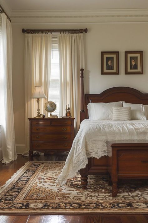 29 Vintage Bedroom Ideas for a Nostalgic Feel 21 Traditional Classic Bedroom, Classic Colonial Interior Design, Traditional Rustic Bedroom, Modern Traditional Interior Design Bedroom, Traditional Bedroom Aesthetic, Minimalist Colonial Interior Design, New England Bedroom Decor, Classic Timeless Interior Design, Traditional Master Bedrooms Decor Ideas