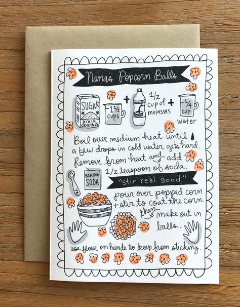 Recipe Illustration, Drink Doodles, Southern Humor, Cooking Brussel Sprouts, Illustrated Recipes, Cooking Prime Rib, Illustrated Recipe, Popcorn Balls, Handwritten Recipes