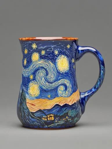 ↑↑↑ Larger size on website 🔸 The image depicts a ceramic mug, featuring a vibrant depiction of Vincent van Gogh's iconic painting Starry Night Mug, Starry Night Ceramics, Van Gogh Pottery, Paint Pottery, Gogh The Starry Night, The Starry Night, Ceramics Projects, Vincent Van, Pottery Painting