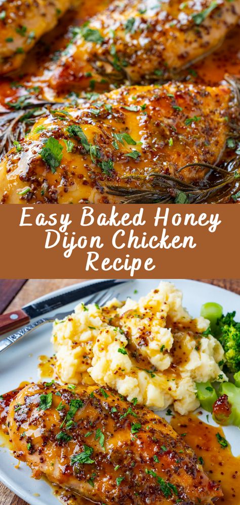 Easy Baked Honey Dijon Chicken Recipe | Cheff Recipes Dinner With Chicken Healthy, Dijon Baked Chicken, Essen, Honey Dijon Garlic Chicken, Fancy Looking Dinner, Swiss Baked Chicken, Easy Baked Honey Dijon Chicken, Honey Baked Chicken Thighs, Dijon Mustard Recipe Main Dishes