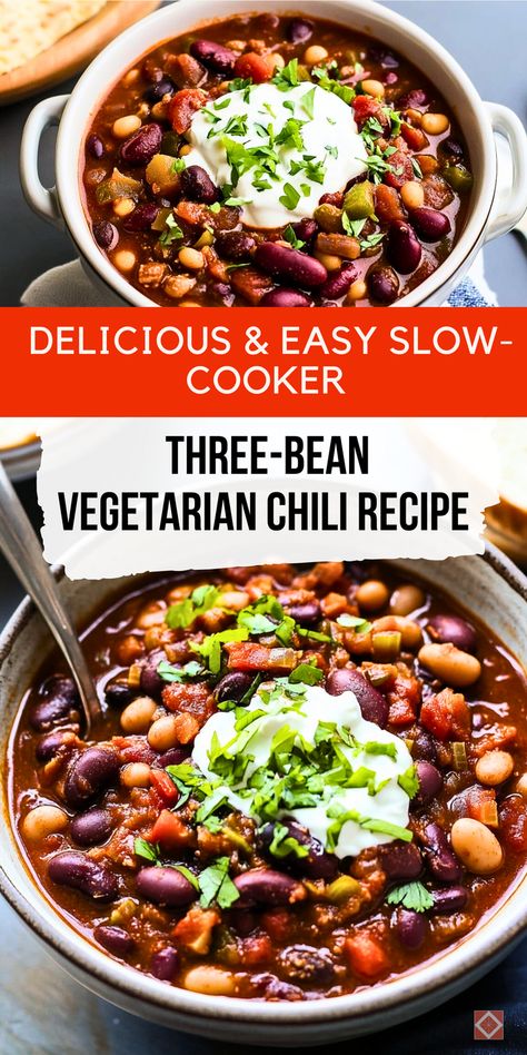 Warm up with this delicious three-bean vegetarian chili recipe made effortlessly in a slow cooker! It's packed with plant-based protein and rich flavors, perfect for those who want a comforting yet healthy vegetarian meal. With minimal prep time, this slow-cooker recipe is great for busy nights when you need easy dinner ideas. Save this pin to enjoy a satisfying bowl of chili anytime! Slow Cooker Veggie Chili Recipe, Slow Cooker Three Bean Chili, Slow Cooker Vegetarian Chili Recipe, Vegan Crockpot Chili Slow Cooker, Healthy Bean Crockpot Recipes, Vegetarian Chili Recipe Slow Cooker, Instant Pot Veggie Chili, Chili Beans Recipe Vegetarian, Best Vegetarian Chili Crockpot