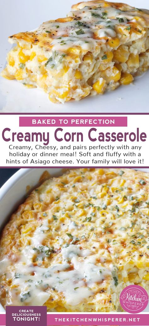 Creamy, Cheesy, and pairs perfectly with any holiday or dinner meal! Soft and fluffy with a hints of Asiago cheese. Whether it's a side dish or a main dish, this Baked Creamy Cheesy Corn Casserole is a huge family favorite!