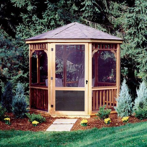 Features: -Includes self-closing hinges and door latch. -Provides protection from pesky insects. -Cedar framed panels with black fiberglass screen. -Screen door with reinforced plastic mesh over l Round Gazebo, Gazebo Curtains, Diy Gazebo, Pergola Diy, Screened Gazebo, Hot Tub Gazebo, Gazebo Ideas, Gazebo Plans, Relaxing Backyard