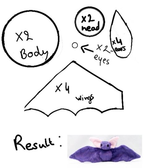 Bat Plush Pattern Sewing, Hand Sew Teddy Bear, Plush Bat Pattern, Stuffy Template, Plush Pattern Free Templates, Cute Sewing Templates, Easy Sewing Patterns Stuffed Animals, Plushy Templates, Stuffed Bat Pattern