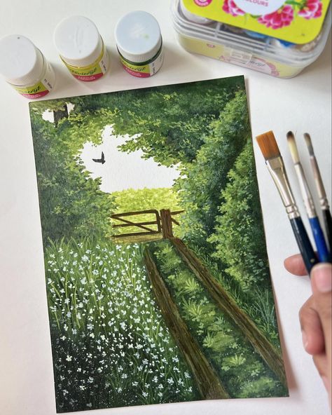 Shades of green…🍃 Let us know your thoughts on it☺️💚 . . . Greenery, acrylic painting, easy acrylic painting, farm, scenery, easy painting ideas, beginners paintings #the_scribbled_archives#acrylicpainting#artistsoninstagram#easyacrylicpainting#easy#beginnerartist#greenery#scenerypainting#shadesofgreen#reachartists#okbye Canvas Scenery Painting Easy, Scenery Easy Painting, Green Painting Ideas Art Easy, Easy Scenery Painting, Acrylic Painting Easy, Easy Scenery, Farm Scenery, Easy Paintings For Beginners, Green Scenery