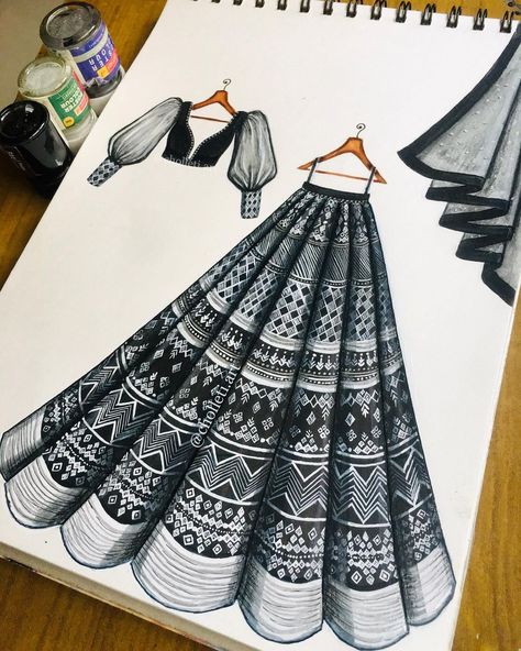 Lehenga Mandala Art, Mandala Art Dress Design, Traditional Illustrations Sketches, Frock Design Drawing, Blouse Sketch Design, Mandala Dress Drawing, Traditional Dresses Sketch, Doodles Dress, Lehenga Drawing