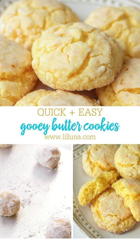 These Gooey Butter cookies are made with a yellow cake mix, butter, cream cheese, and a few additional ingredients. They are so gooey, chewy, and moist - it's impossible to resit them! #gooeybuttercookies #buttercookies #cookies #gooeycookies #cookierecipe Cake Cookies Christmas, Cake Box Cookies Recipes, Easy Butter Cookie Recipe, Gooey Butter Cake Cookies, Gooey Butter Cookies Recipe, Cake Mix Cookies Recipes, Yellow Cake Mix Cookies, Ooey Gooey Butter Cookies, Soup Party