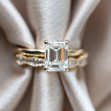 Gold Emerald Cut Engagement Ring, Emerald Cut Solitaire Engagement Ring, Solitaire Engagement Ring Set, Emerald Cut Moissanite Ring, Wedding Rings Emerald Cut, Baguette Diamond Band, Dream Wedding Ring, Cute Engagement Rings, Future Engagement Rings